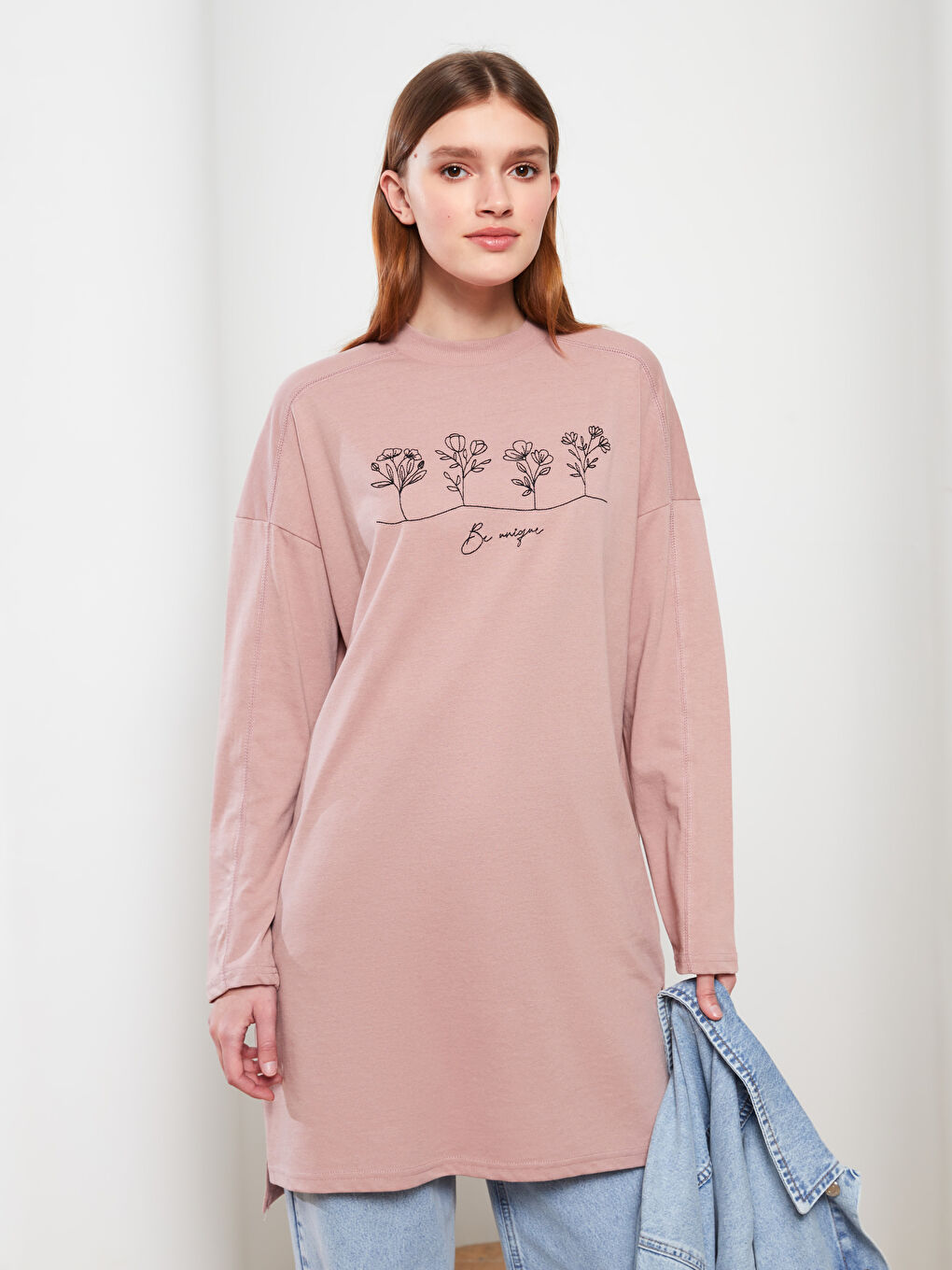 Pembe Bisiklet Yaka Baskılı Uzun Kollu Kadın Tunik-1