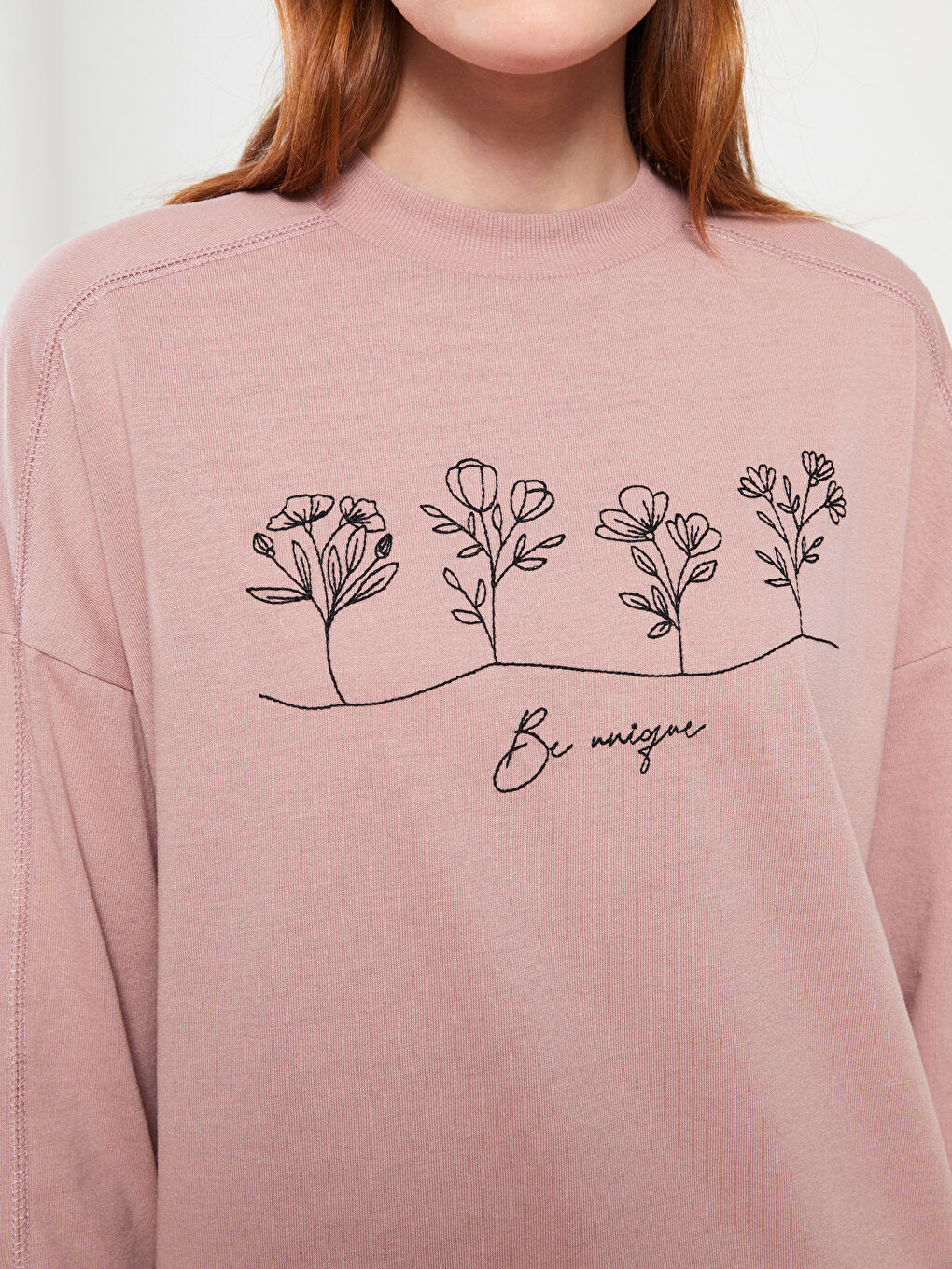 Pembe Bisiklet Yaka Baskılı Uzun Kollu Kadın Tunik-2