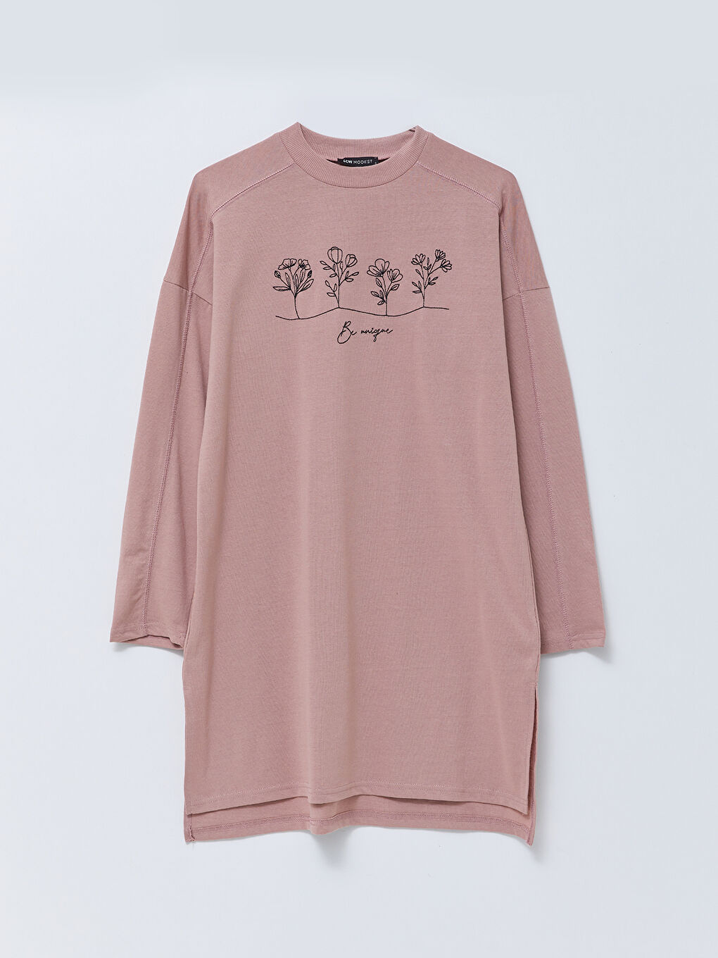 Pembe Bisiklet Yaka Baskılı Uzun Kollu Kadın Tunik-4