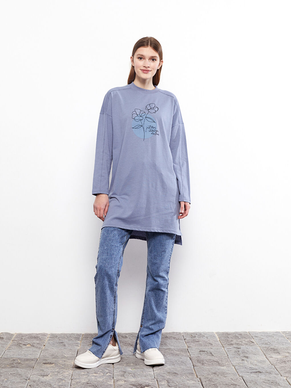 Crew Neck Printed Long Sleeve Women's Tunic