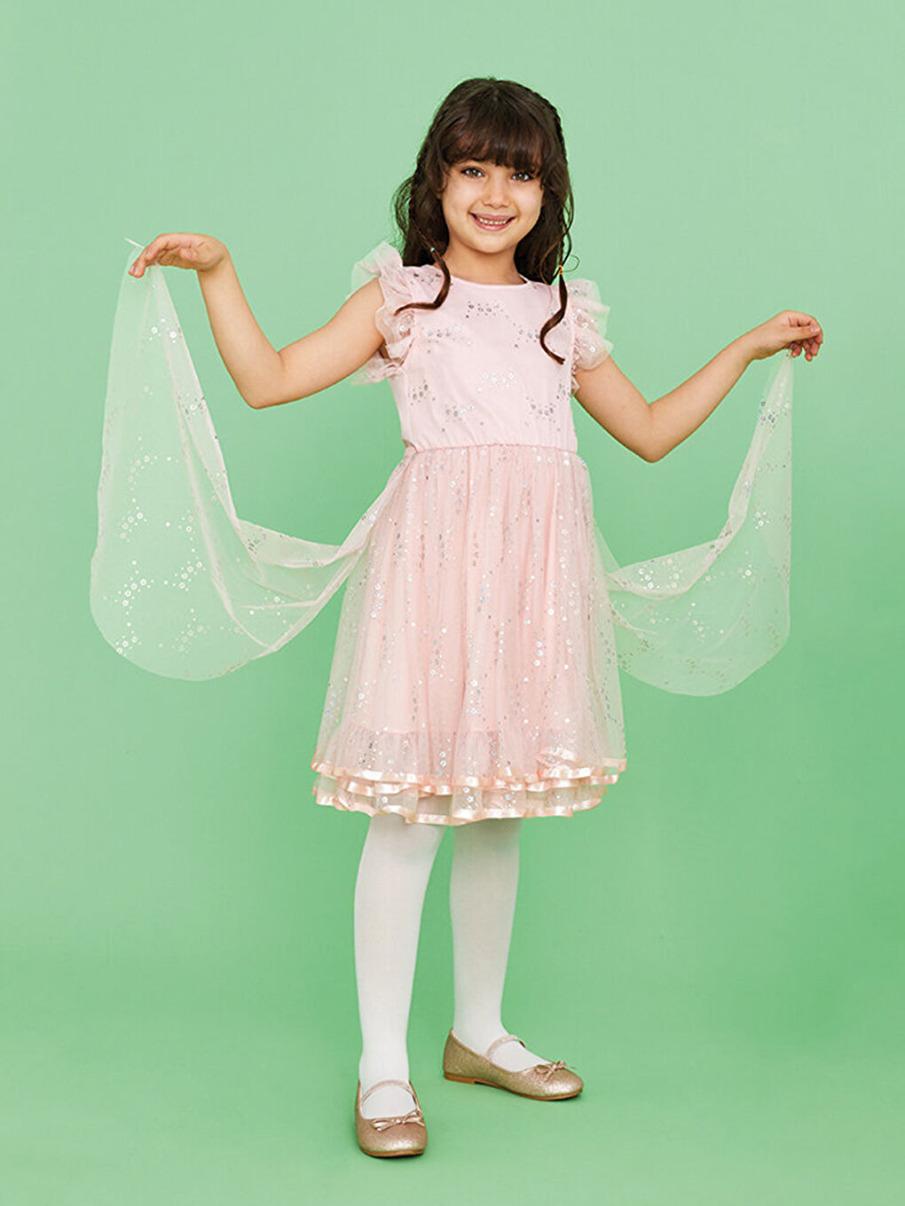 Pembe Bisiklet Yaka Pul İşlemeli Kısa Kollu Kız Çocuk Elbise