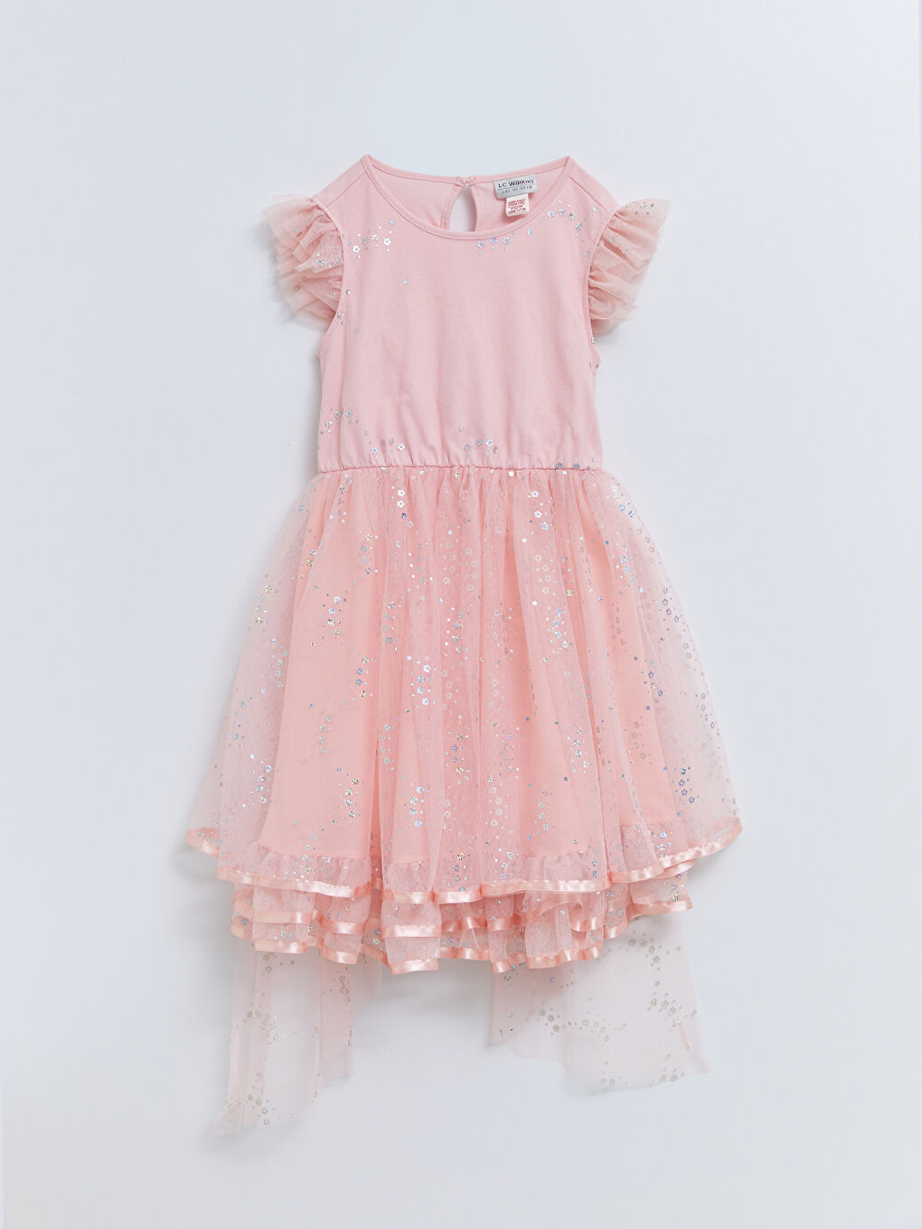 Pembe Bisiklet Yaka Pul İşlemeli Kısa Kollu Kız Çocuk Elbise-1
