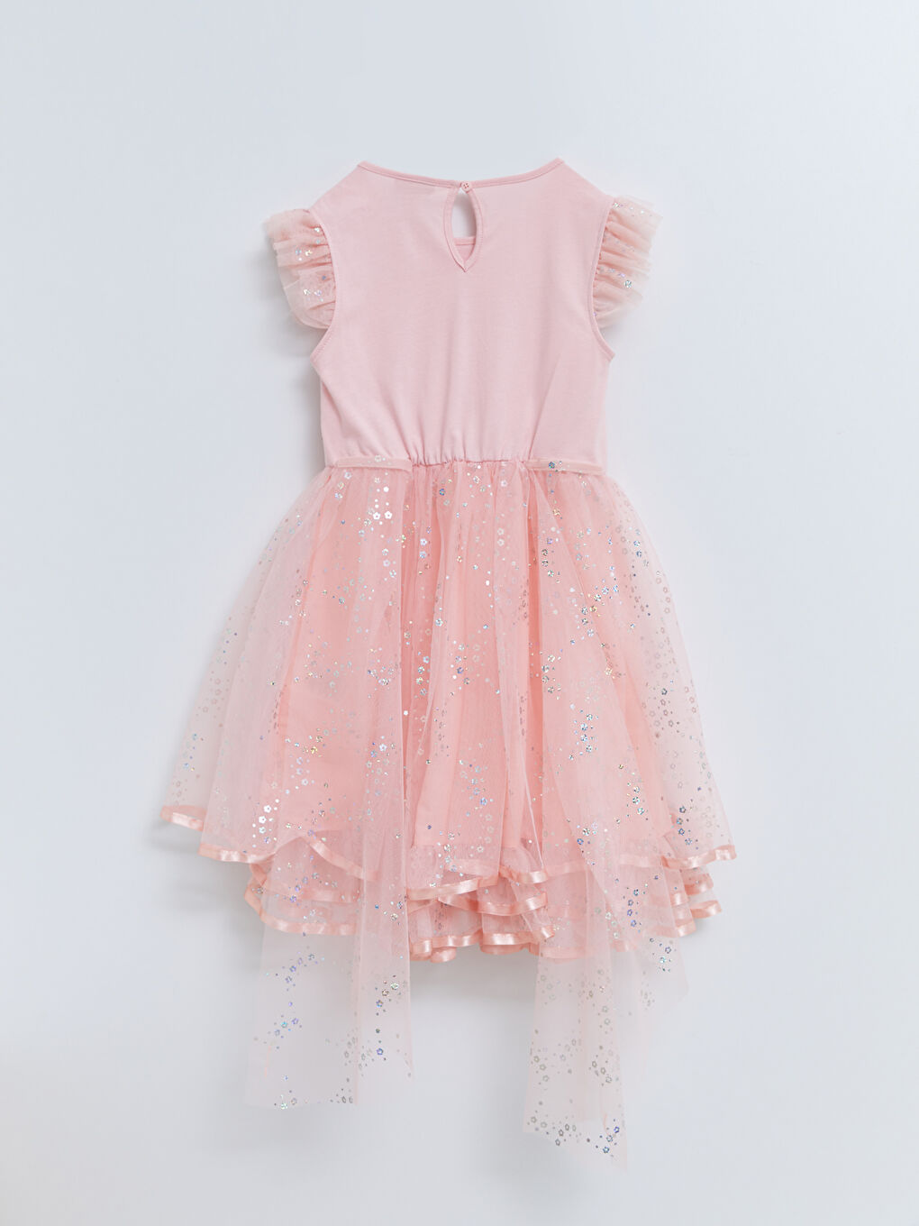 Pembe Bisiklet Yaka Pul İşlemeli Kısa Kollu Kız Çocuk Elbise-2