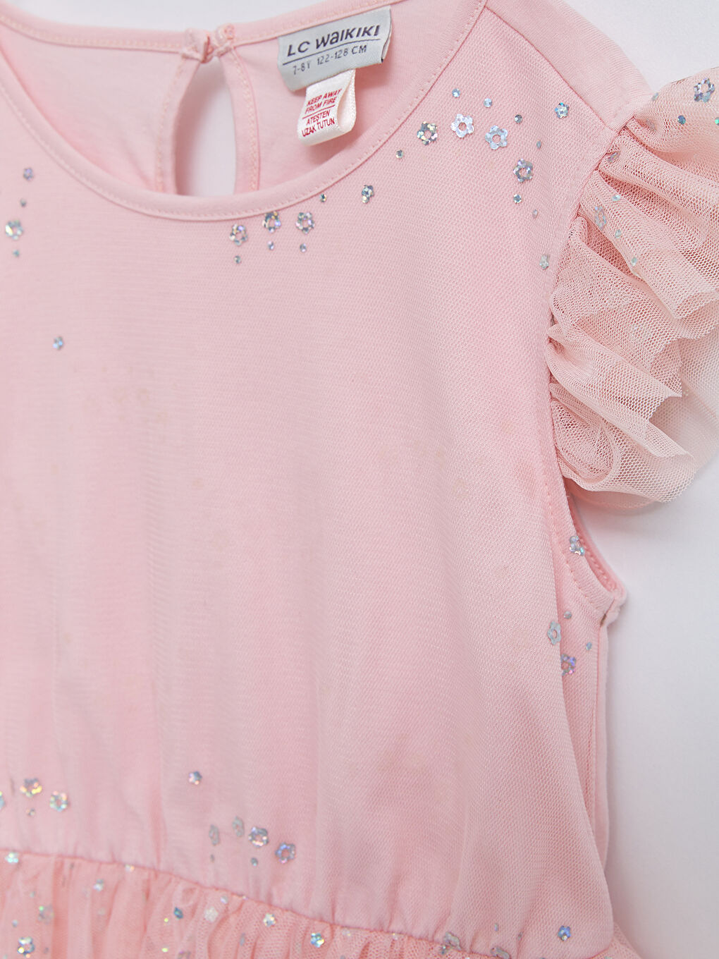 Pembe Bisiklet Yaka Pul İşlemeli Kısa Kollu Kız Çocuk Elbise-3