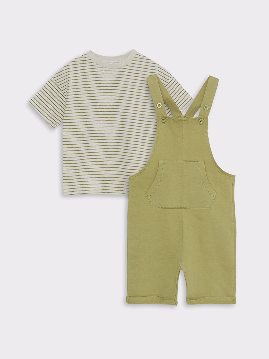 Yeşil Bisiklet Yaka Kısa Kollu Erkek Bebek Tişört ve Salopet 2'li Takım-1