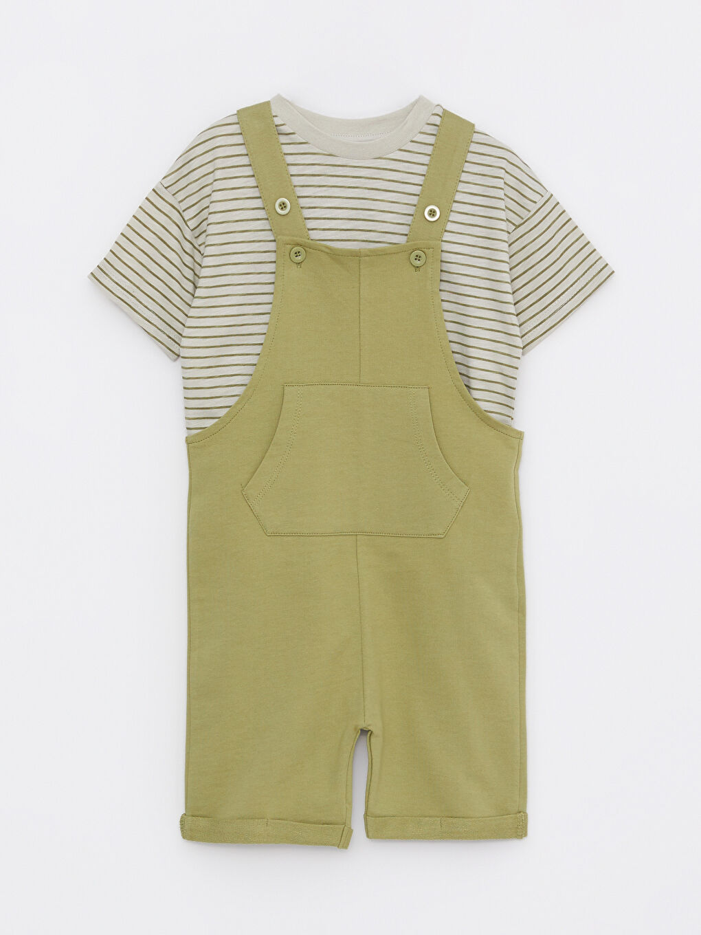 Yeşil Bisiklet Yaka Kısa Kollu Erkek Bebek Tişört ve Salopet 2'li Takım-2