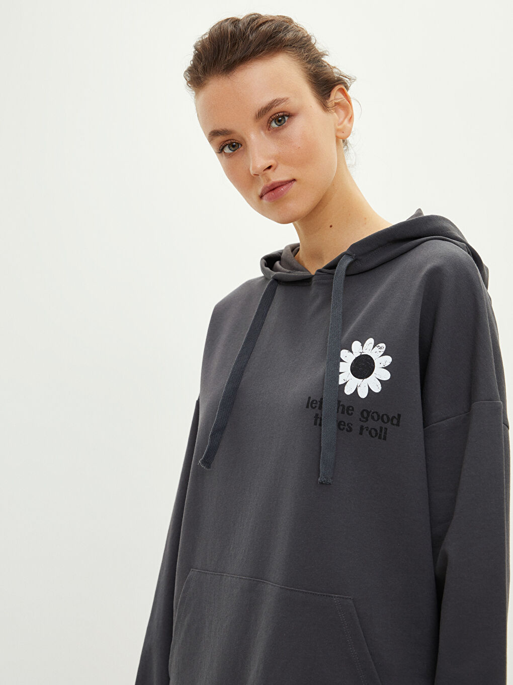 Antrasit Kapüşonlu Baskılı Oversize Kadın Sweatshirt Tunik