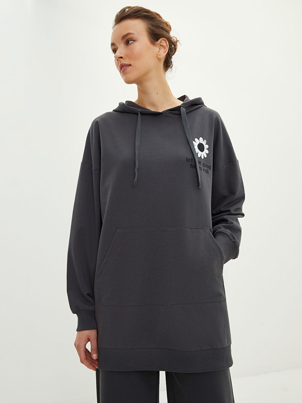 Antrasit Kapüşonlu Baskılı Oversize Kadın Sweatshirt Tunik-2