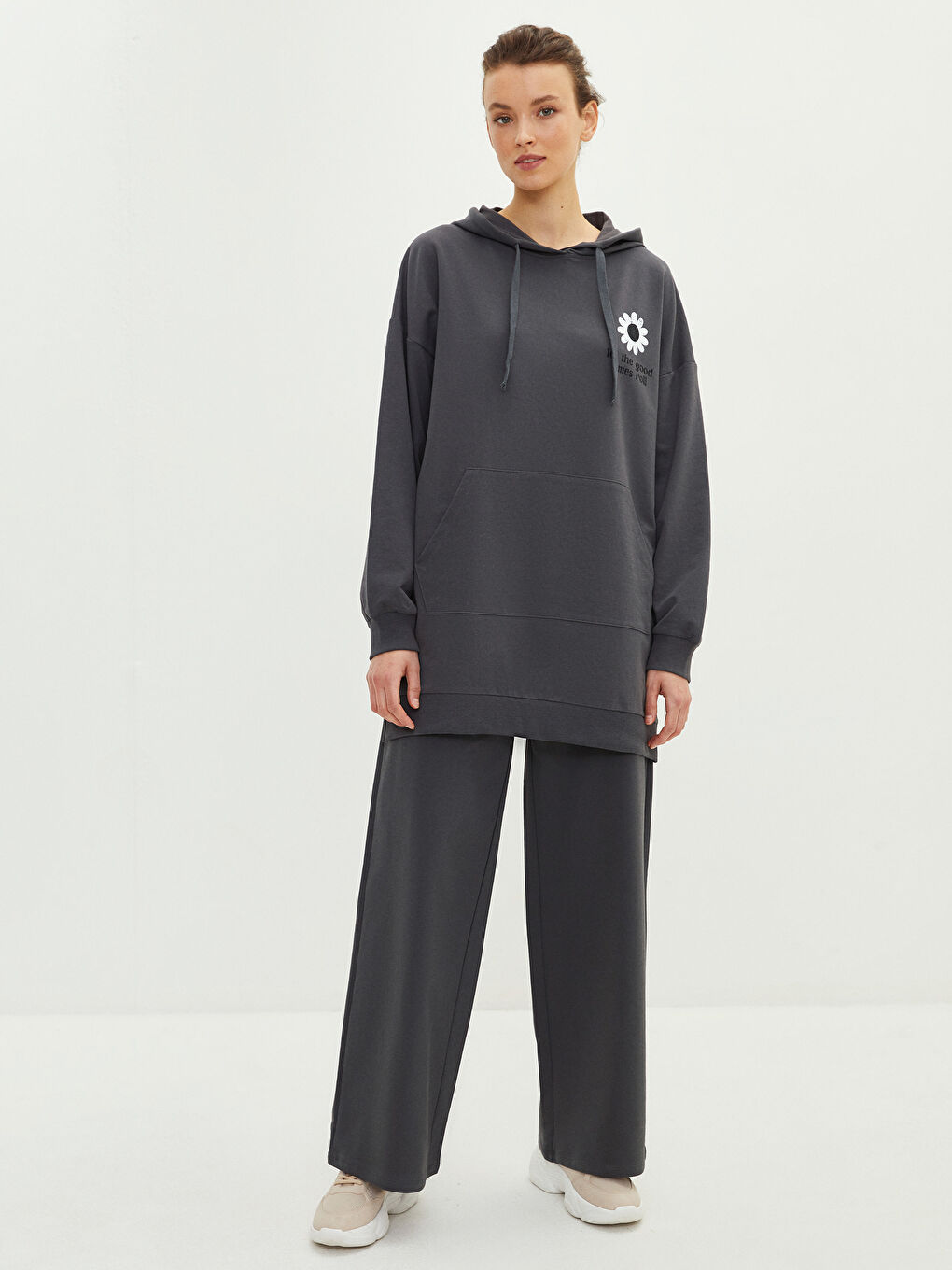 Antrasit Kapüşonlu Baskılı Oversize Kadın Sweatshirt Tunik-3