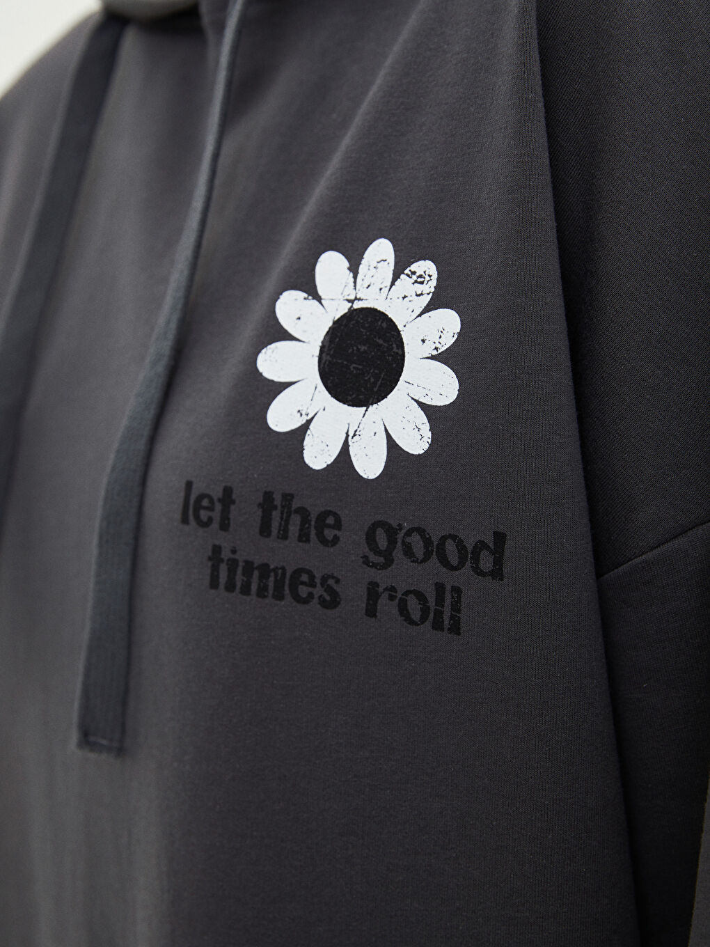 Antrasit Kapüşonlu Baskılı Oversize Kadın Sweatshirt Tunik-4