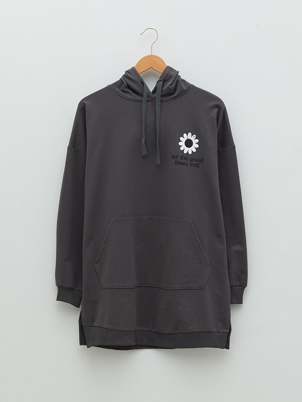 Antrasit Kapüşonlu Baskılı Oversize Kadın Sweatshirt Tunik-6