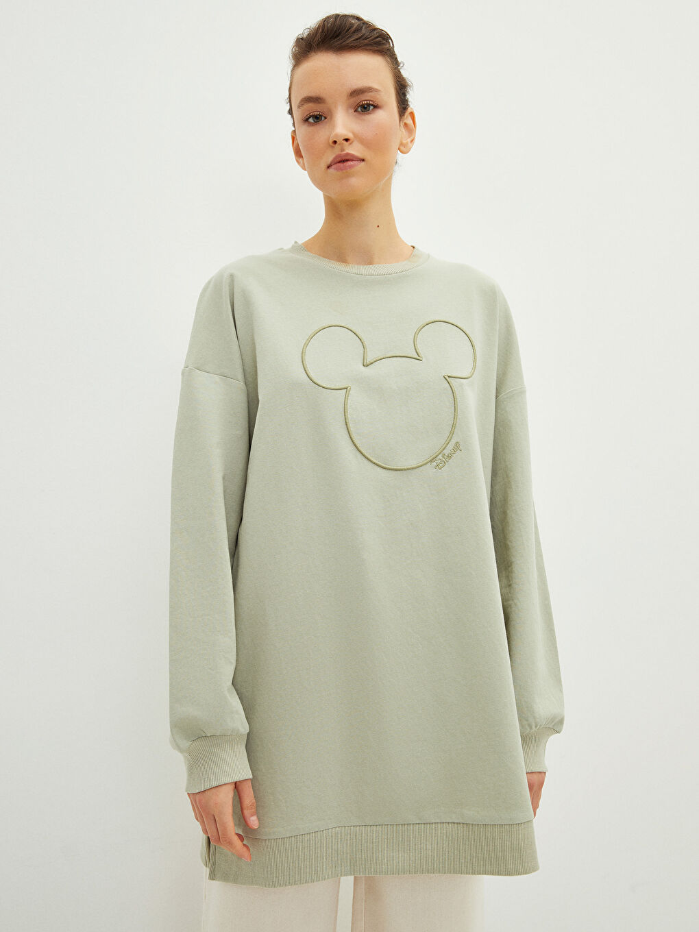 Yeşil Bisiklet Yaka Mickey Mouse Baskılı Kadın Sweatshirt Tunik
