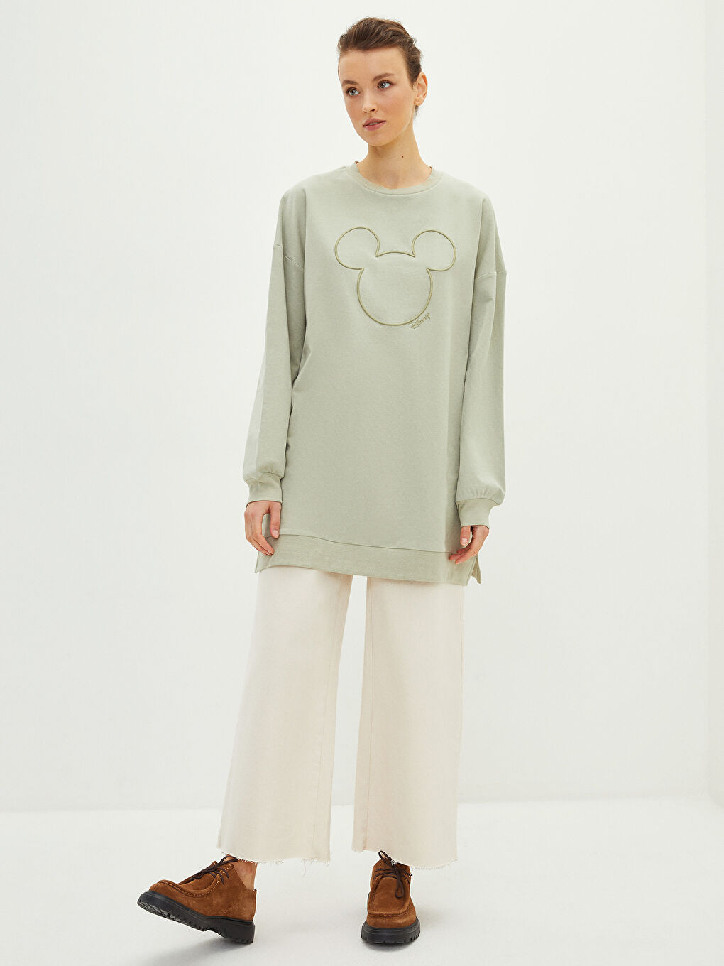 Yeşil Bisiklet Yaka Mickey Mouse Baskılı Kadın Sweatshirt Tunik-2