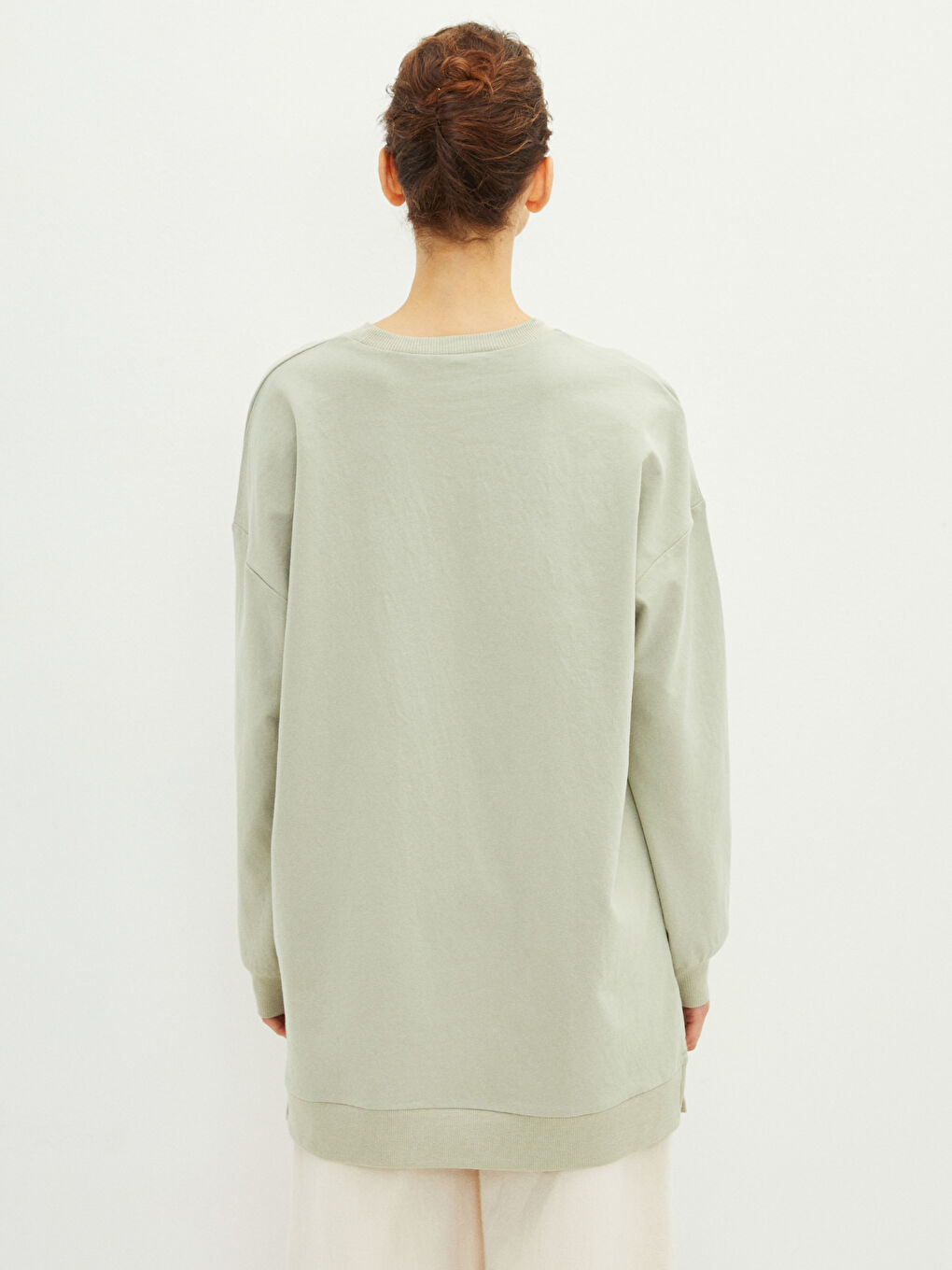 Yeşil Bisiklet Yaka Mickey Mouse Baskılı Kadın Sweatshirt Tunik-4