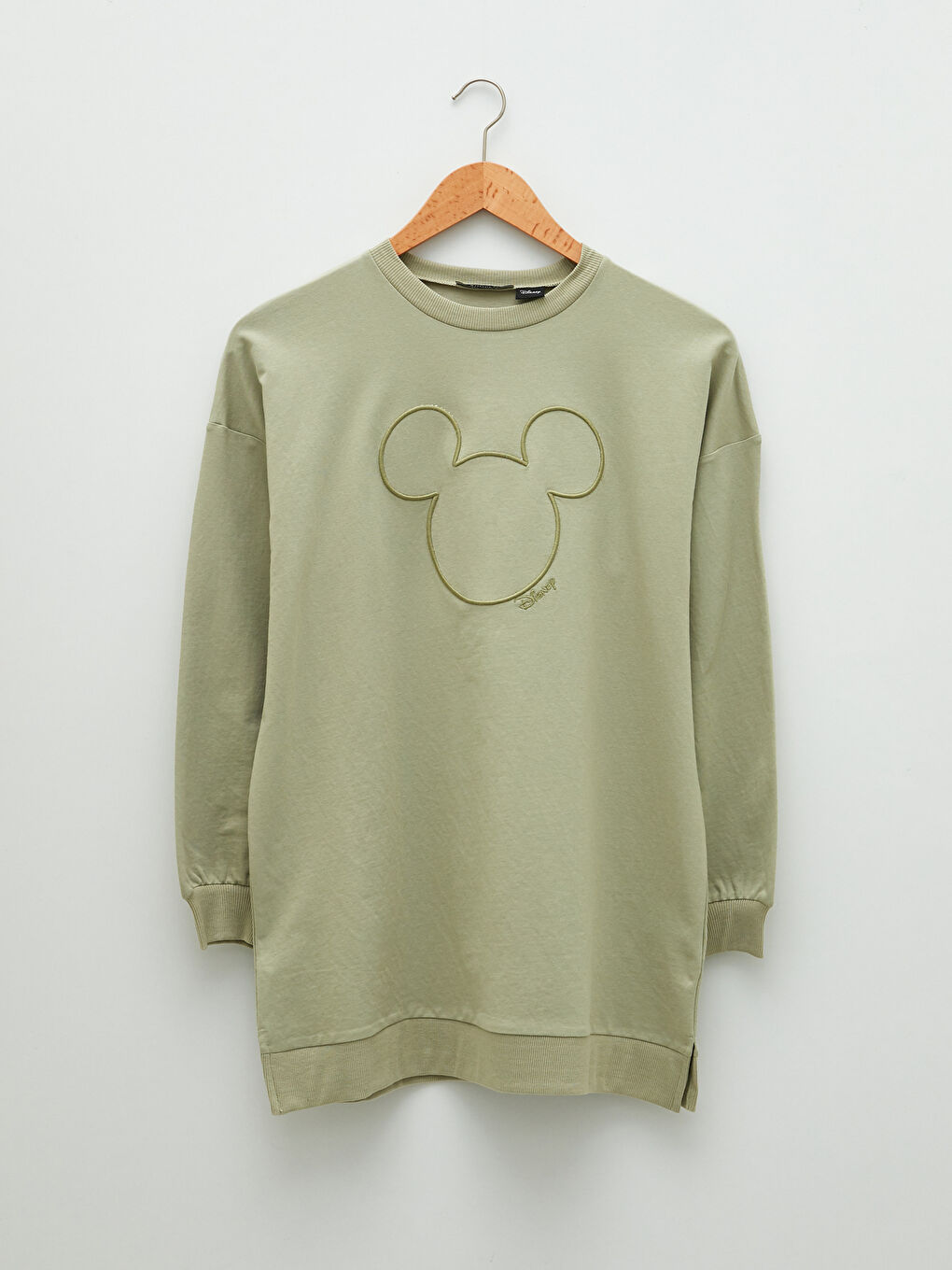 Yeşil Bisiklet Yaka Mickey Mouse Baskılı Kadın Sweatshirt Tunik-5