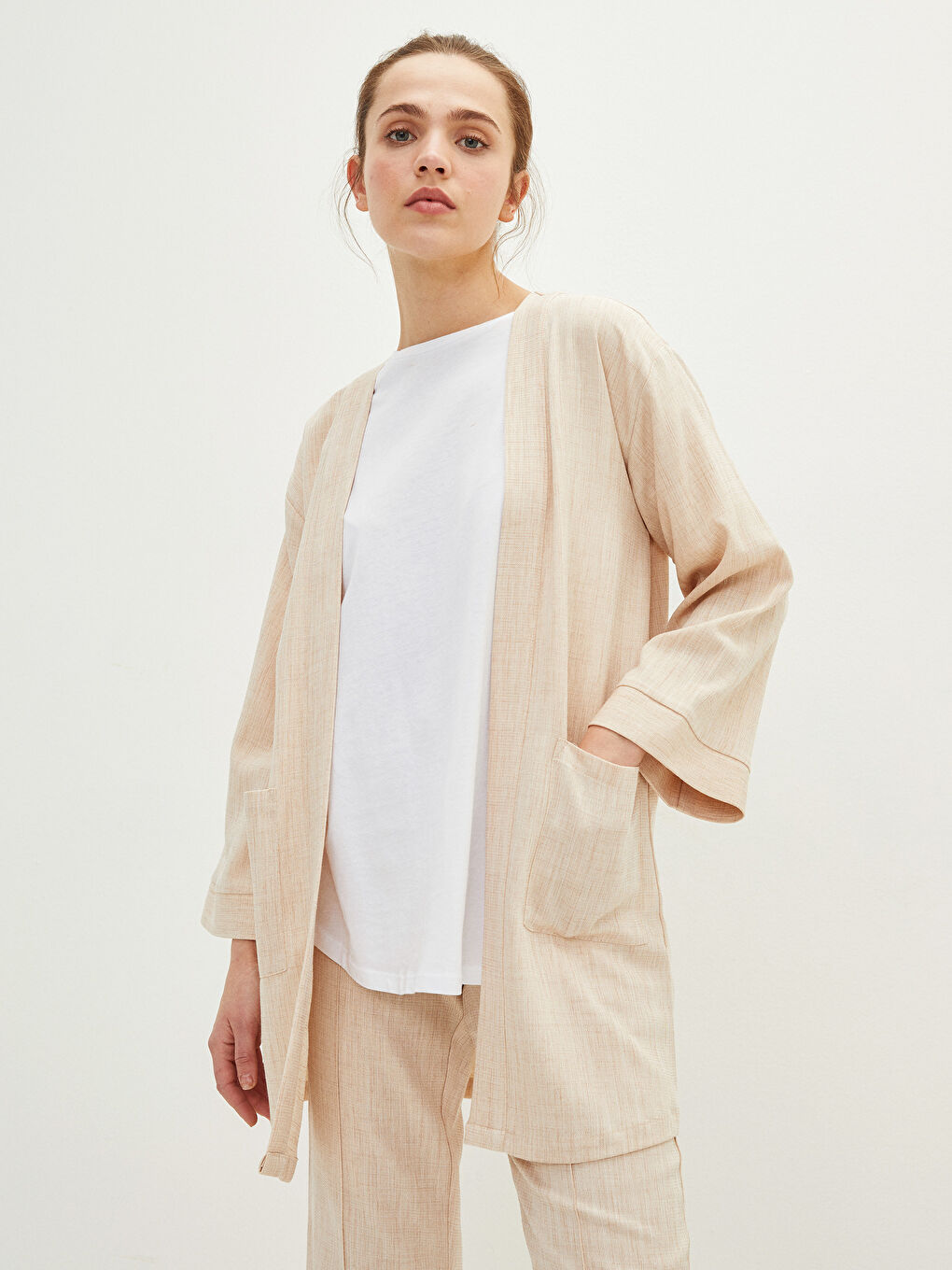 Bej Şal Yaka Düz Uzun Kollu Oversize Kadın Kimono