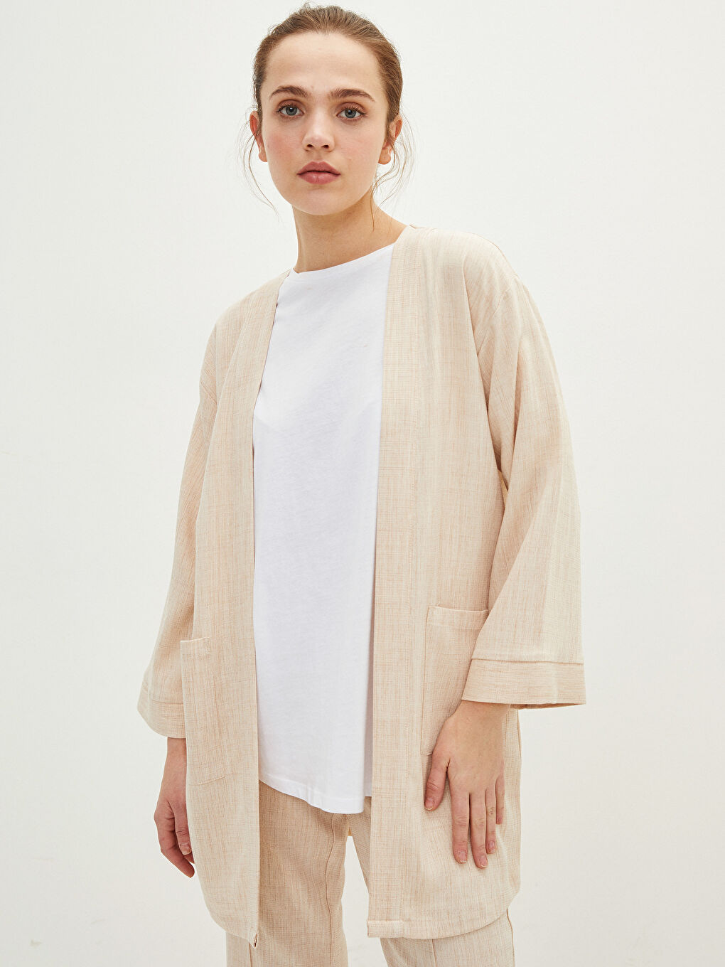 Bej Şal Yaka Düz Uzun Kollu Oversize Kadın Kimono-1