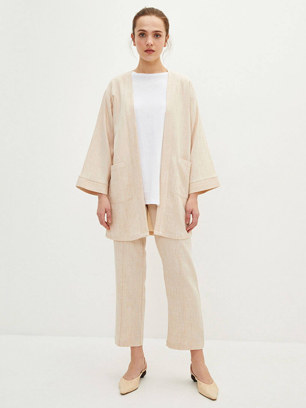 Bej Şal Yaka Düz Uzun Kollu Oversize Kadın Kimono-2