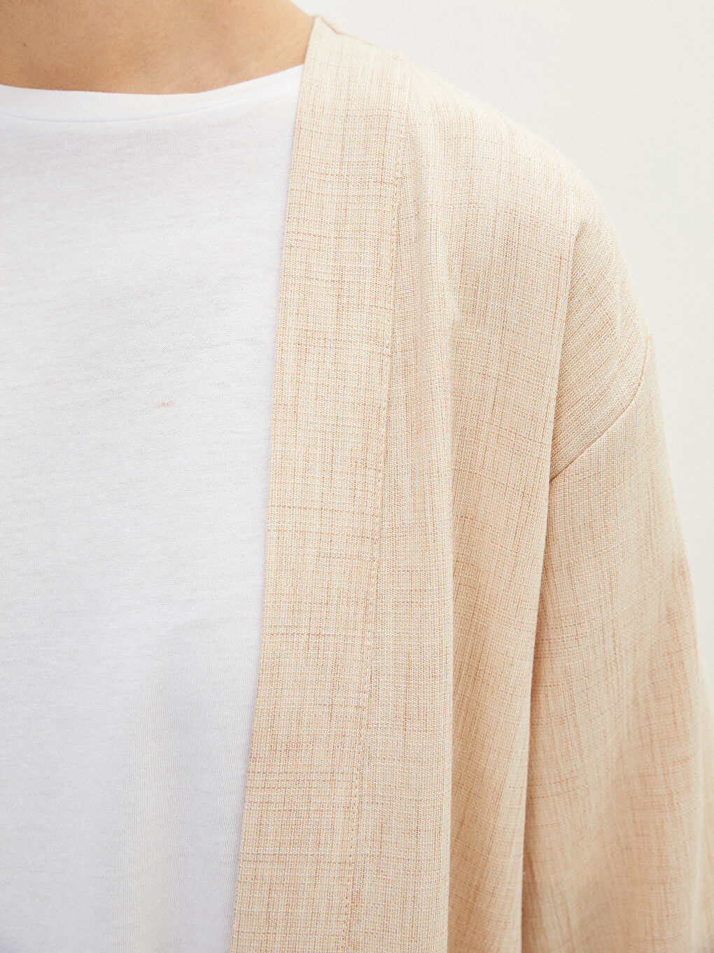 Bej Şal Yaka Düz Uzun Kollu Oversize Kadın Kimono-3