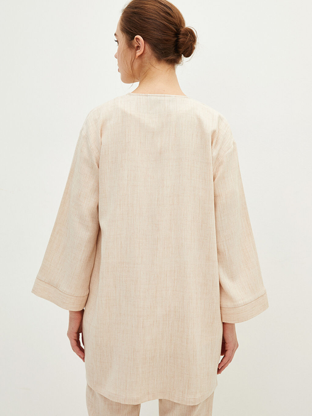 Bej Şal Yaka Düz Uzun Kollu Oversize Kadın Kimono-4