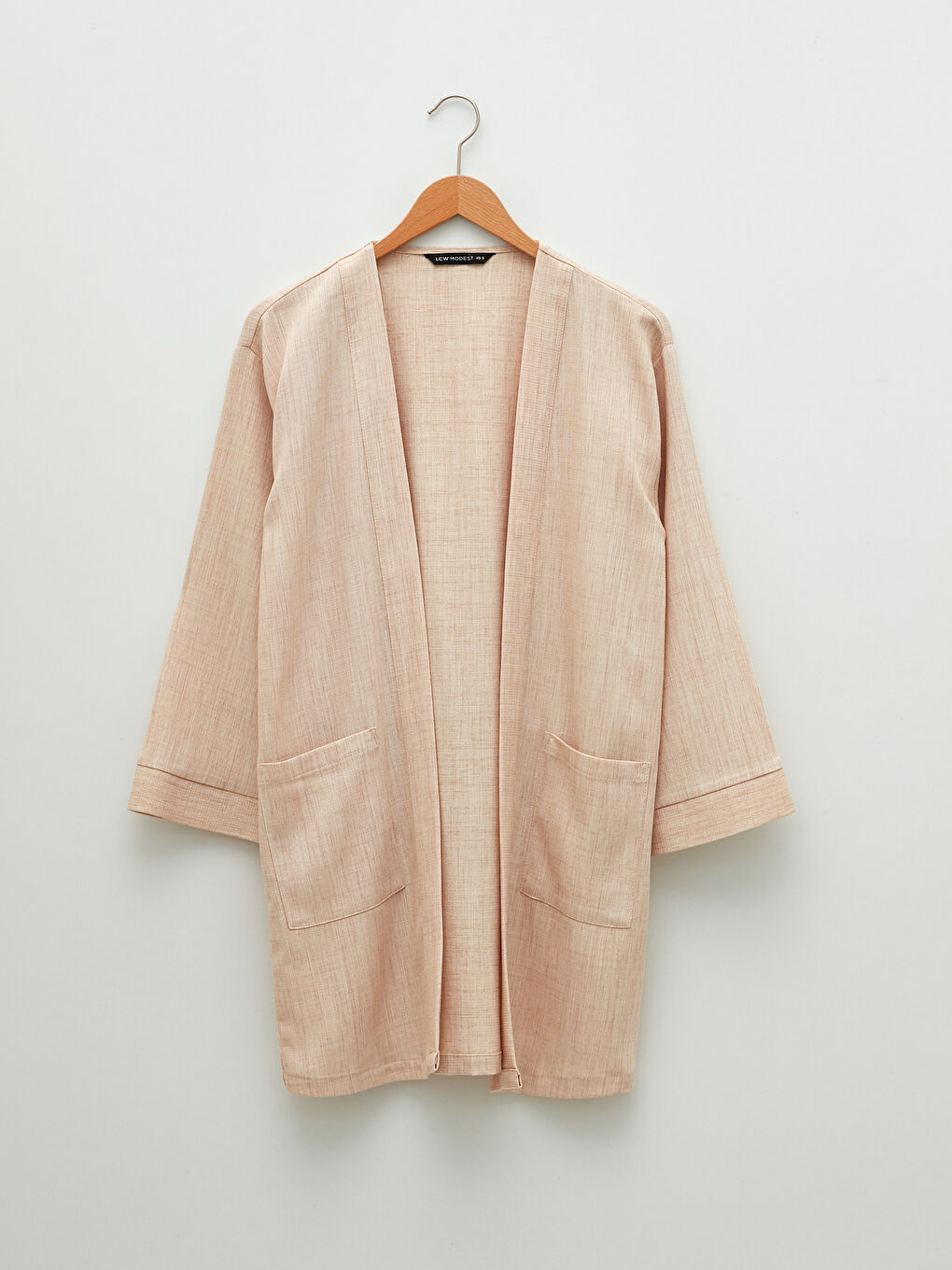 Bej Şal Yaka Düz Uzun Kollu Oversize Kadın Kimono-5