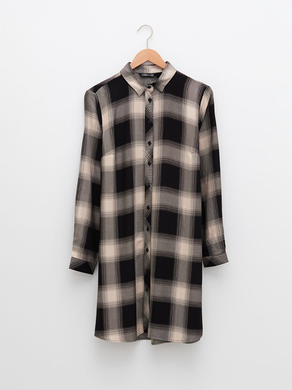 Siyah Ekoseli Uzun Kollu Viskon Kadın Gömlek Tunik-6