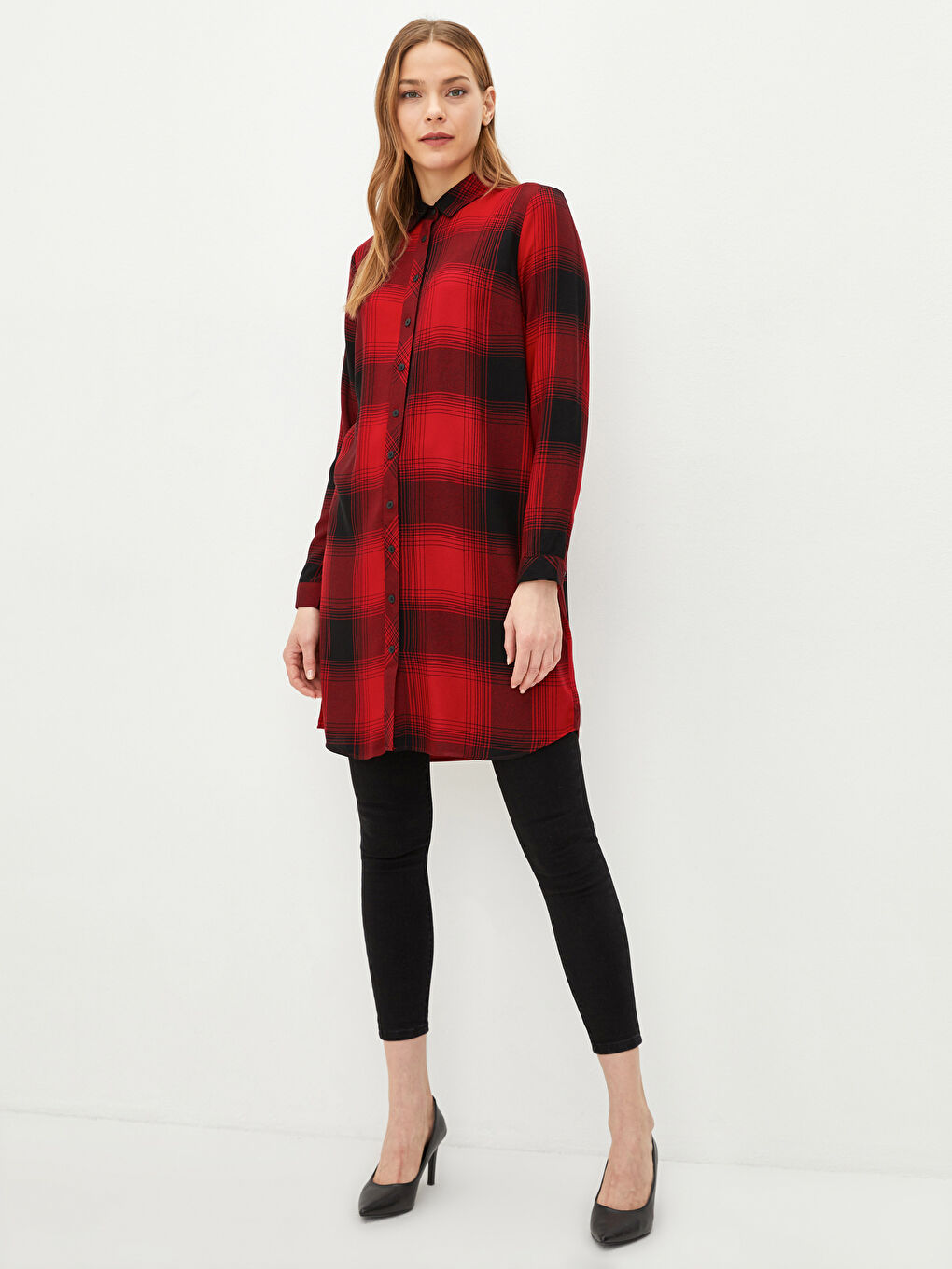 Kırmızı Ekoseli Uzun Kollu Viskon Kadın Gömlek Tunik-1