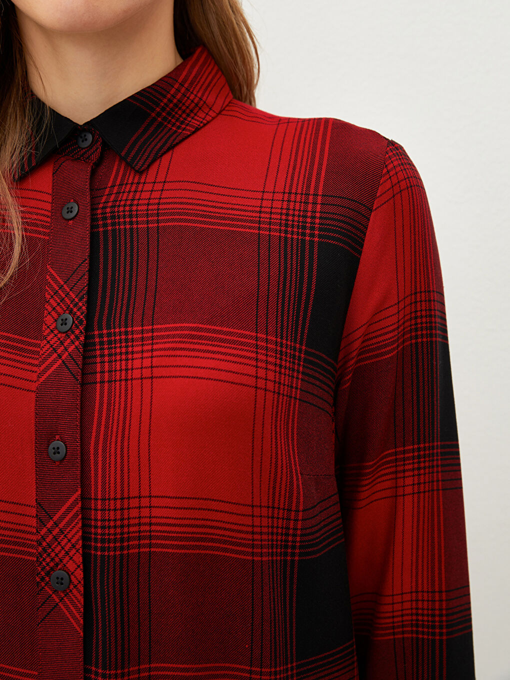 Kırmızı Ekoseli Uzun Kollu Viskon Kadın Gömlek Tunik-3