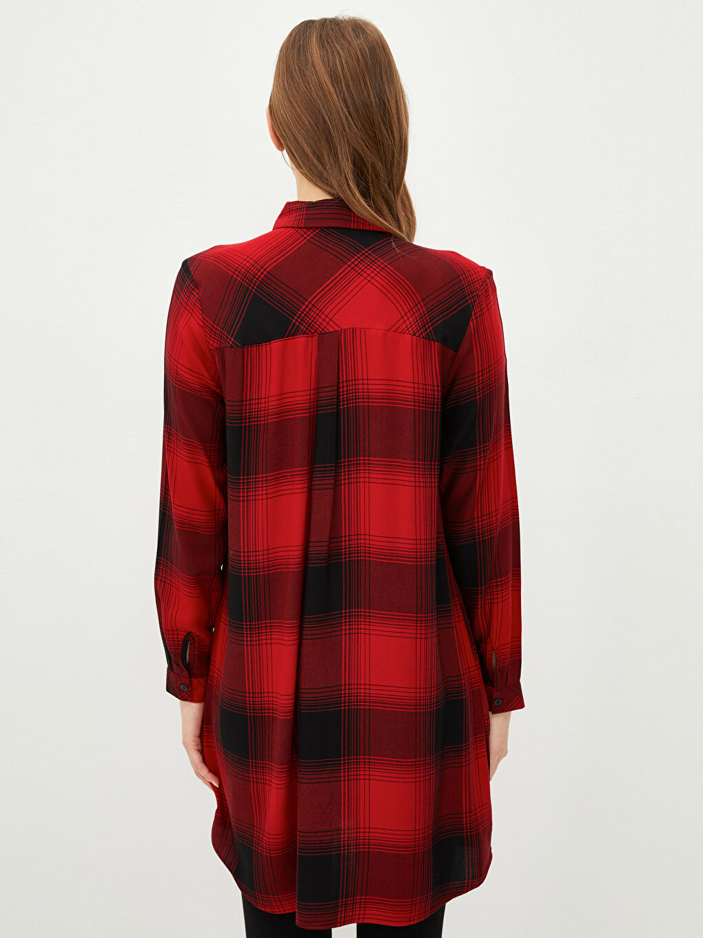 Kırmızı Ekoseli Uzun Kollu Viskon Kadın Gömlek Tunik-4