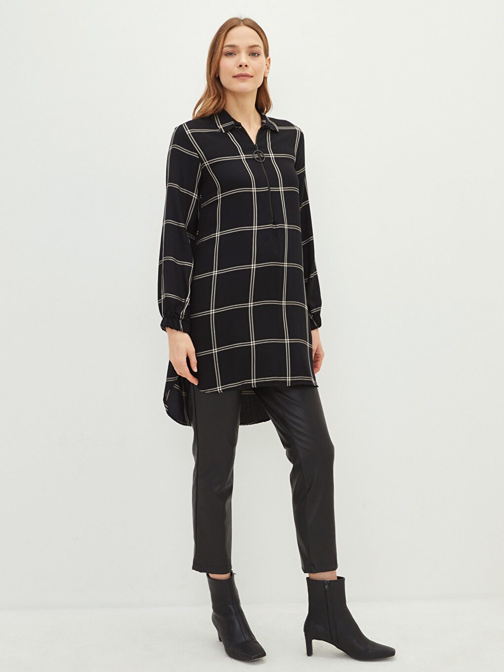 Karirana košulja tunika od viskoze s dugim rukavima za žene-1