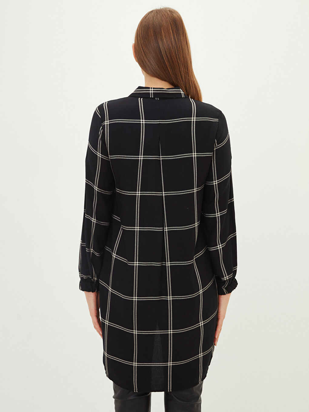 Karirana košulja tunika od viskoze s dugim rukavima za žene-3