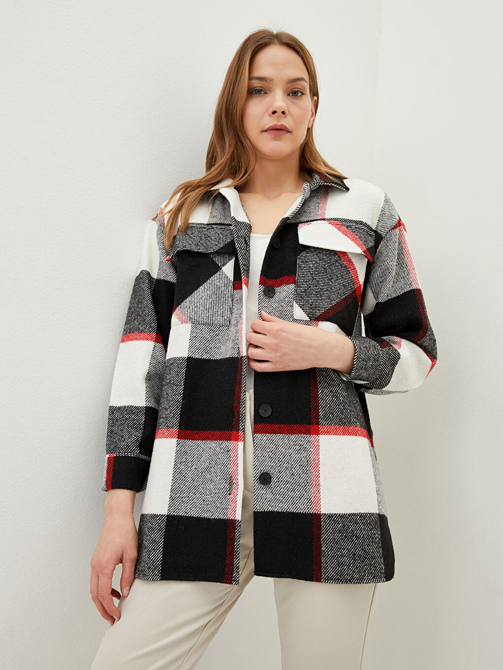 Buttoned Plaid Long Sleeve Women's Shirt Jacket