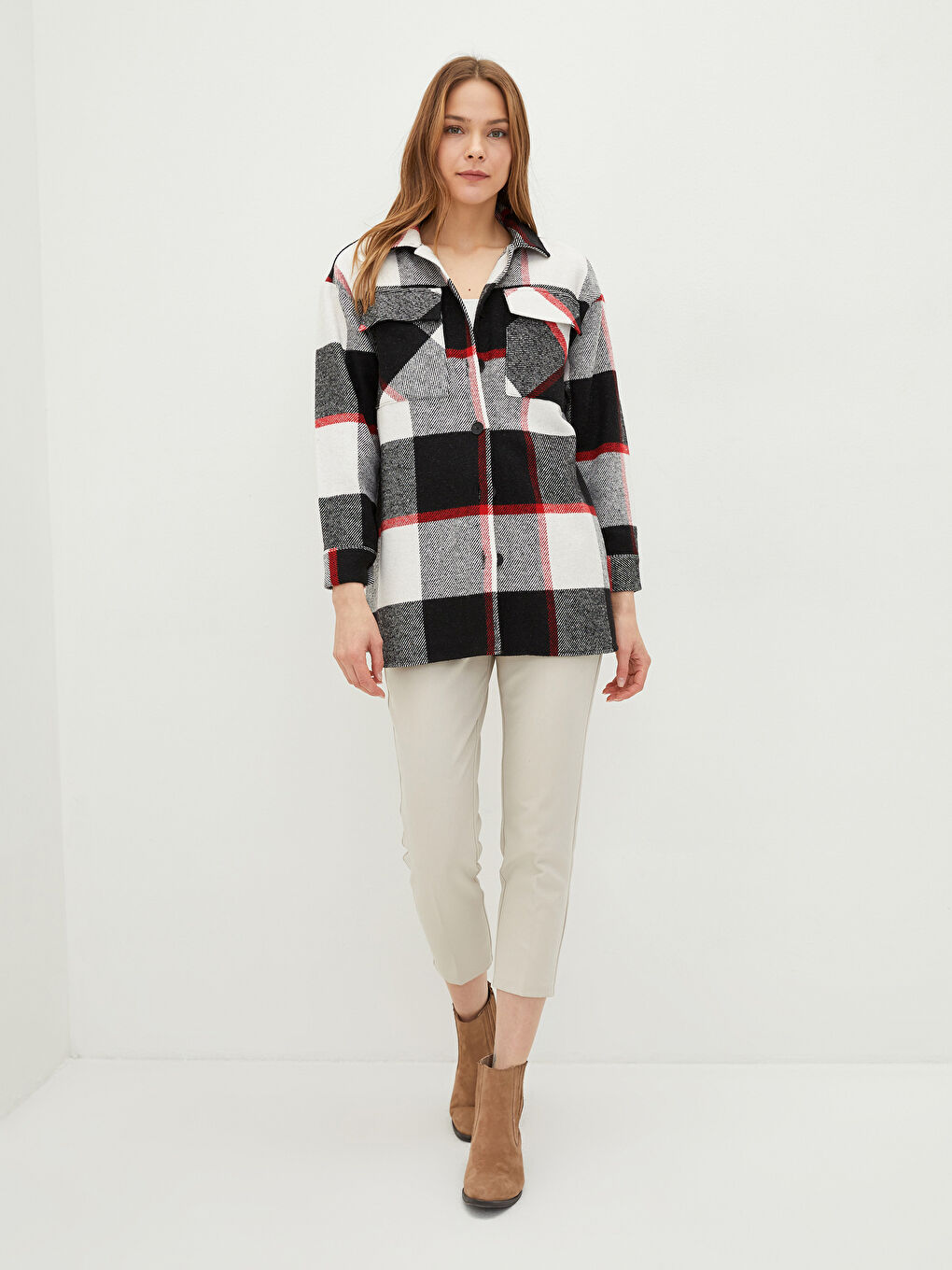 Buttoned Plaid Long Sleeve Women's Shirt Jacket-1