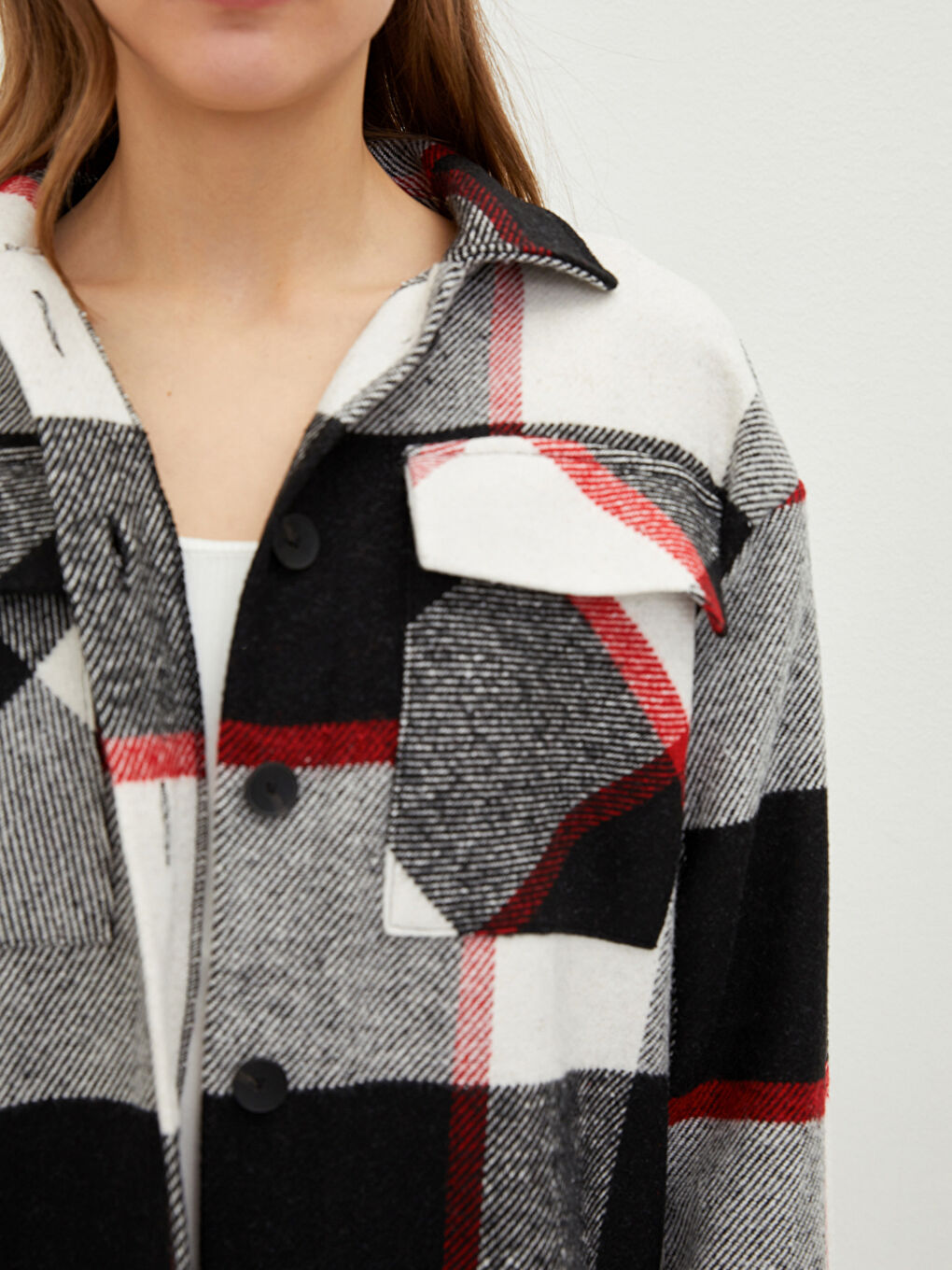 Buttoned Plaid Long Sleeve Women's Shirt Jacket-2