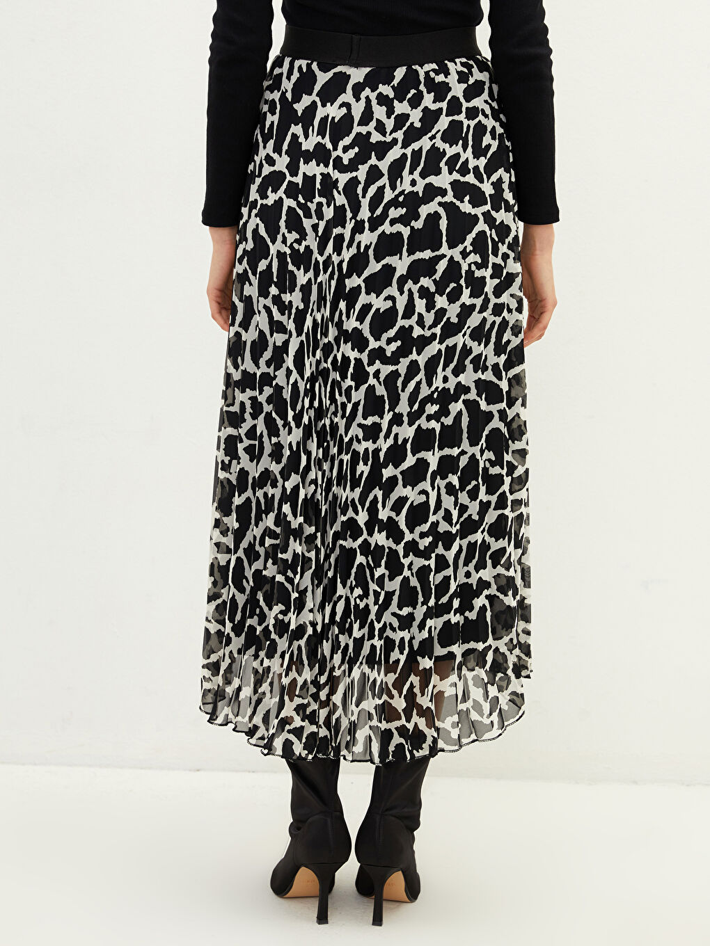 Bej Beli Lastikli Desenli Şifon Kadın Pileli Etek-4