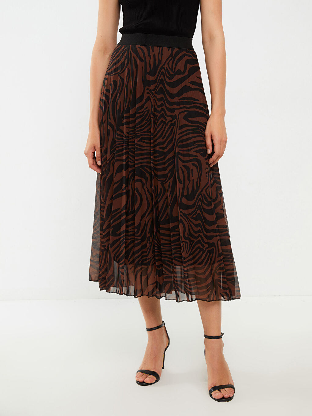 Kahverengi Beli Lastikli Desenli Şifon Kadın Pileli Etek-3