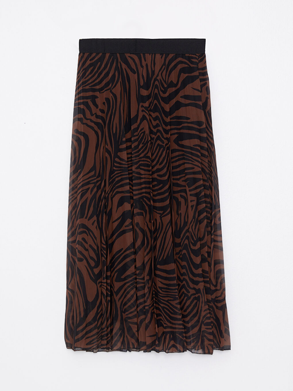 Kahverengi Beli Lastikli Desenli Şifon Kadın Pileli Etek-5