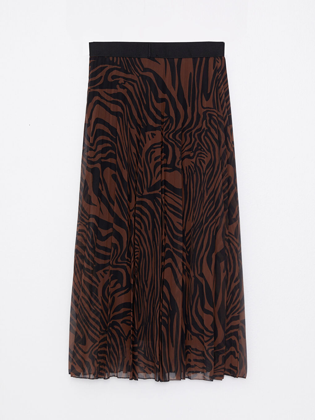 Kahverengi Beli Lastikli Desenli Şifon Kadın Pileli Etek-6