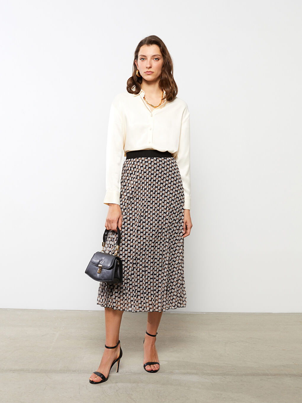 Ekru Beli Lastikli Desenli Şifon Kadın Pileli Etek