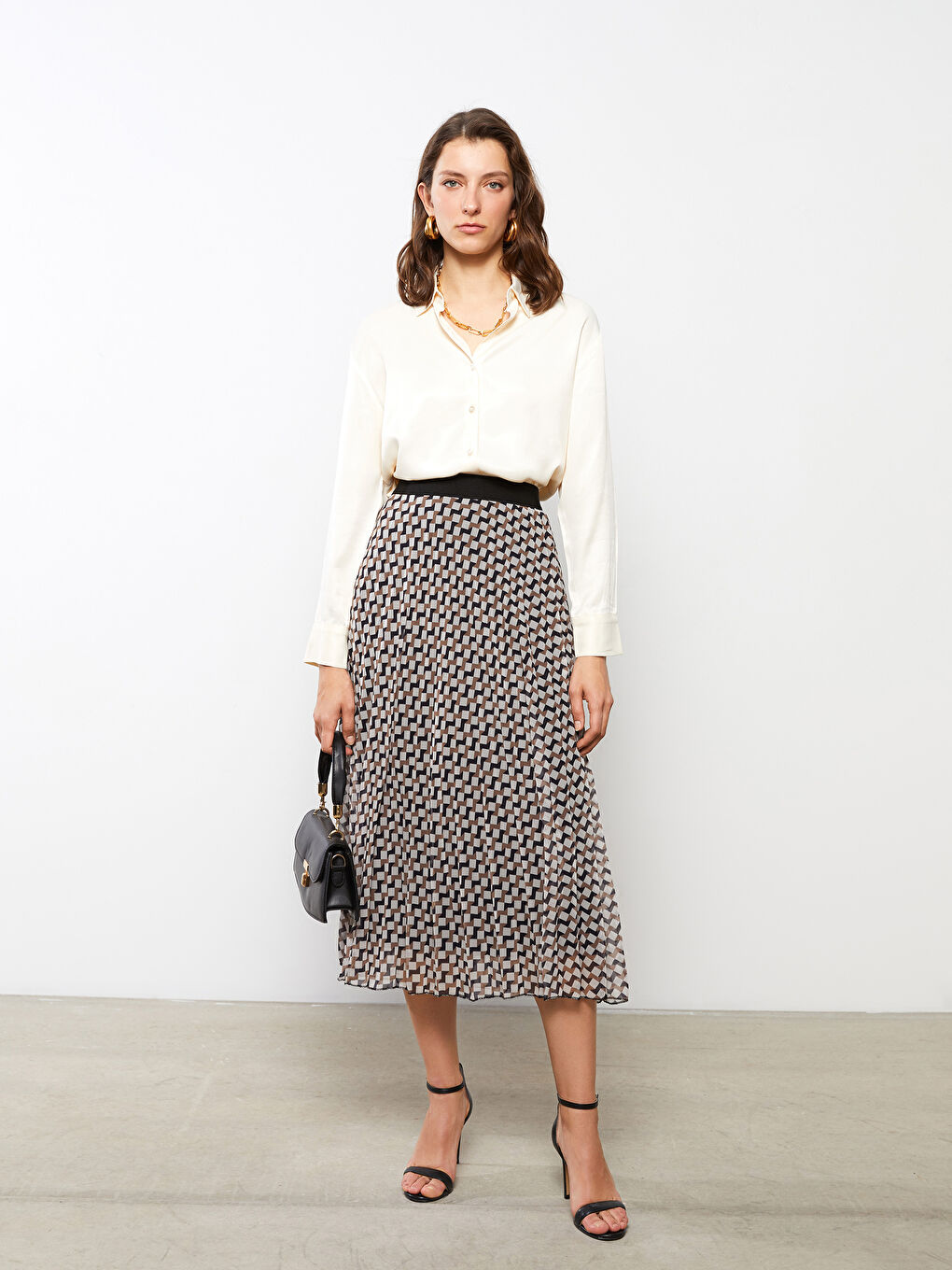 Ekru Beli Lastikli Desenli Şifon Kadın Pileli Etek-1