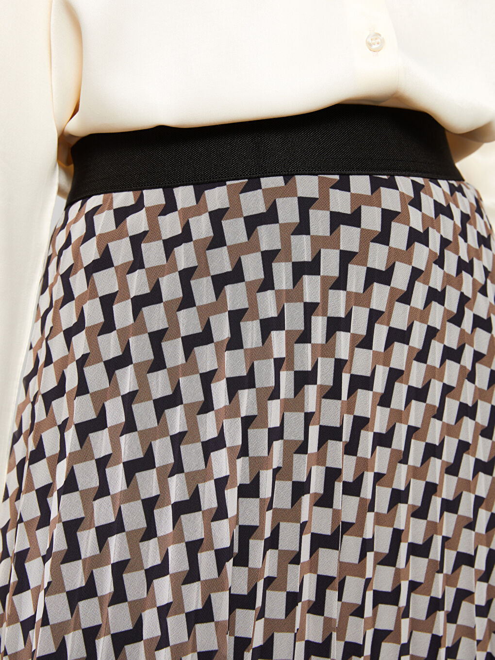 Ekru Beli Lastikli Desenli Şifon Kadın Pileli Etek-2