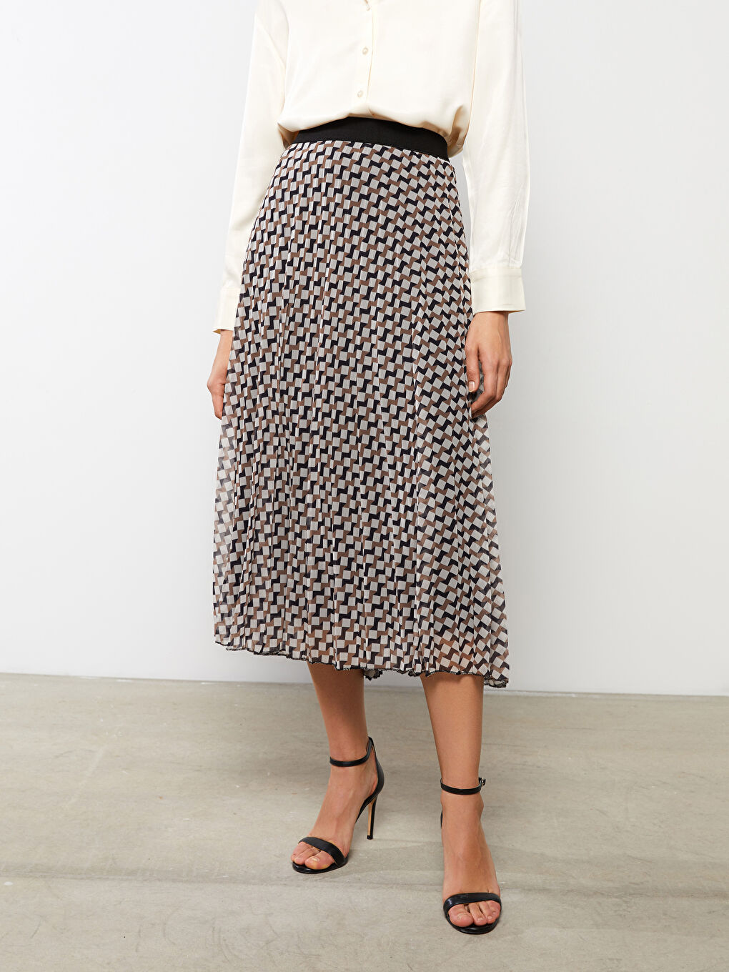 Ekru Beli Lastikli Desenli Şifon Kadın Pileli Etek-3