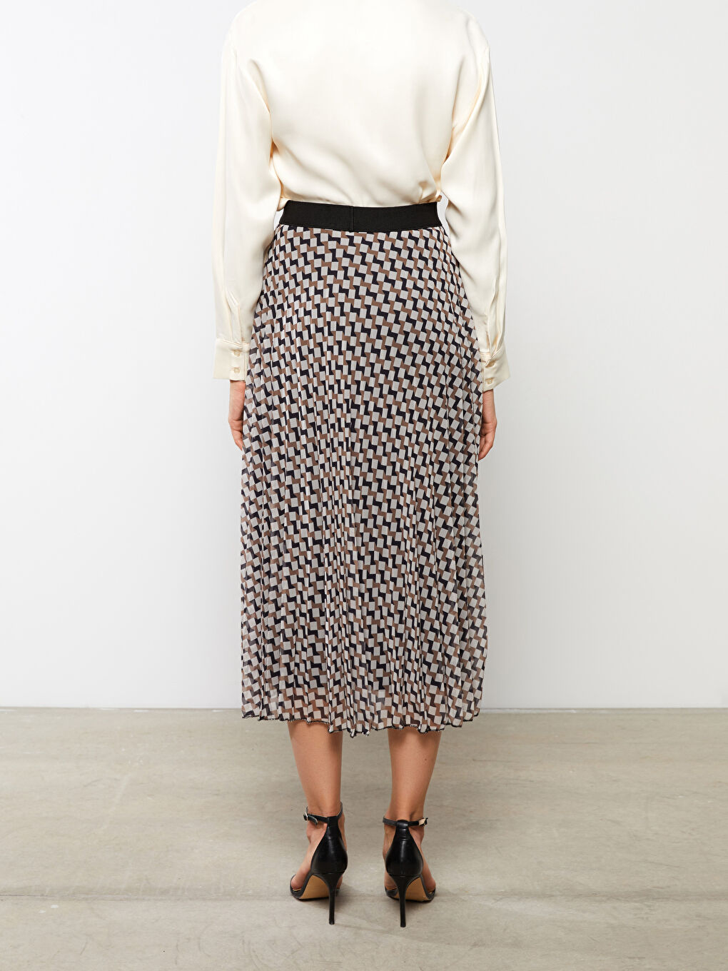 Ekru Beli Lastikli Desenli Şifon Kadın Pileli Etek-4