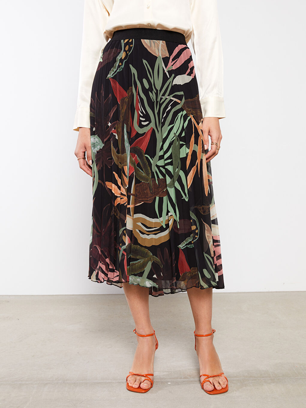 Elasticated Waist Patterned Chiffon Women's Pleated Skirt-3