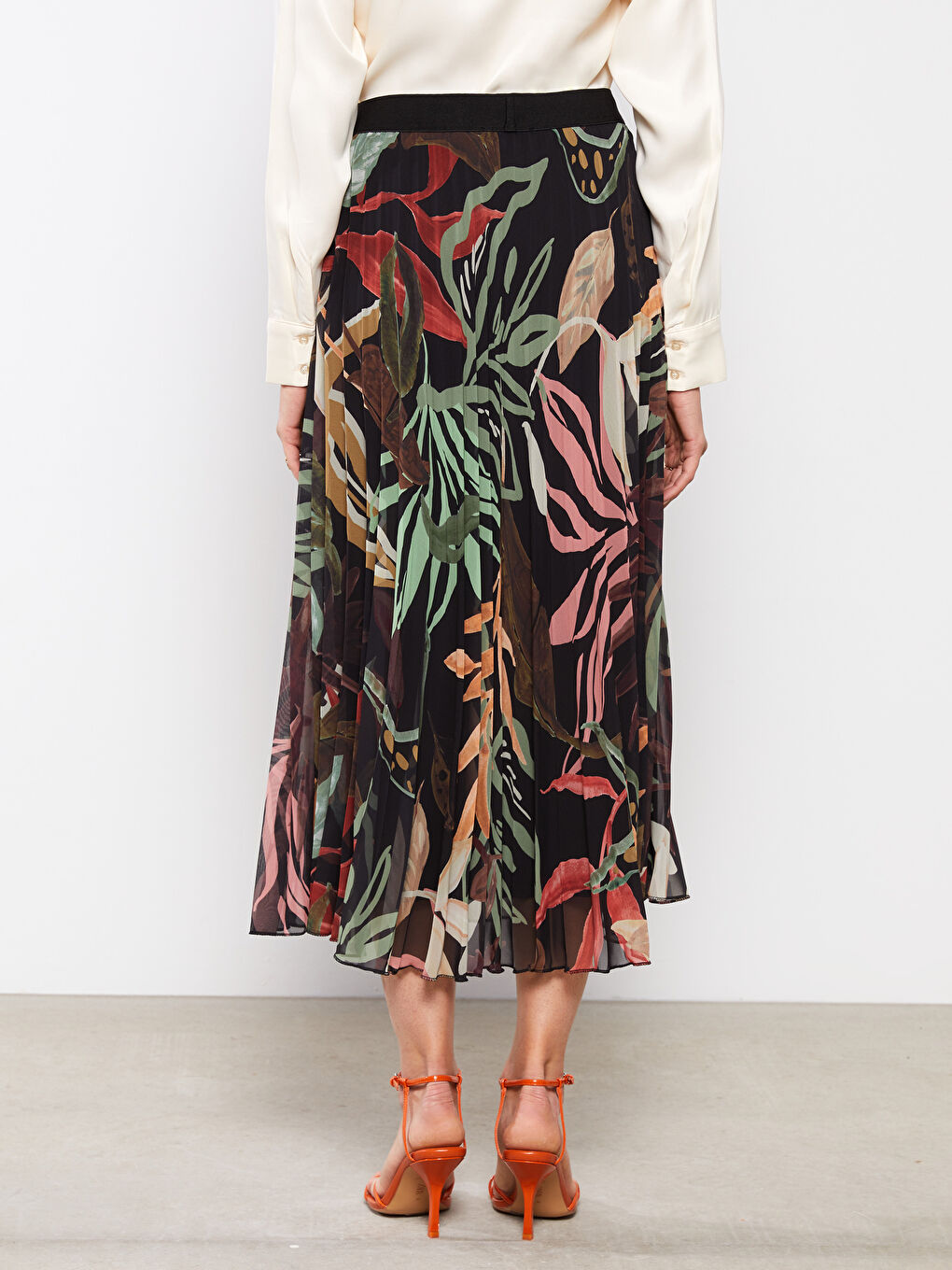 Elasticated Waist Patterned Chiffon Women's Pleated Skirt-4