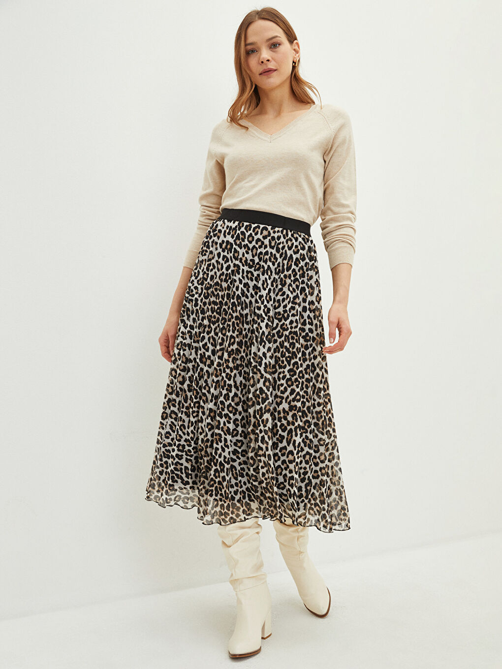 Bej Beli Lastikli Desenli Şifon Kadın Pileli Etek