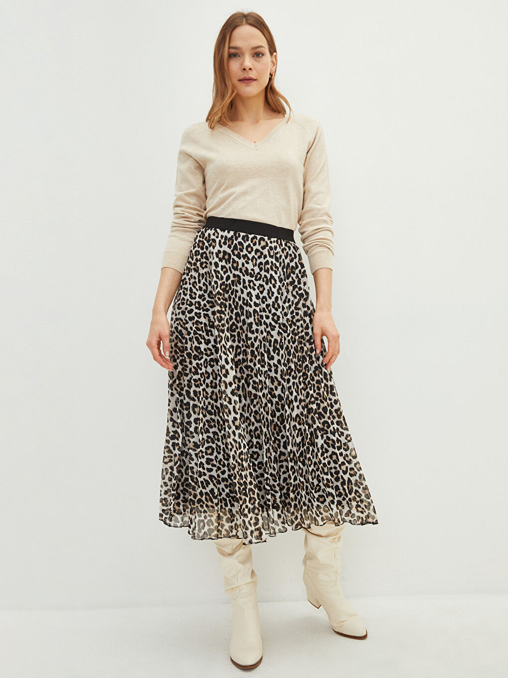 Bej Beli Lastikli Desenli Şifon Kadın Pileli Etek-1