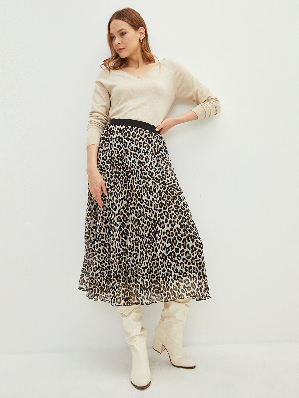 Bej Beli Lastikli Desenli Şifon Kadın Pileli Etek-2