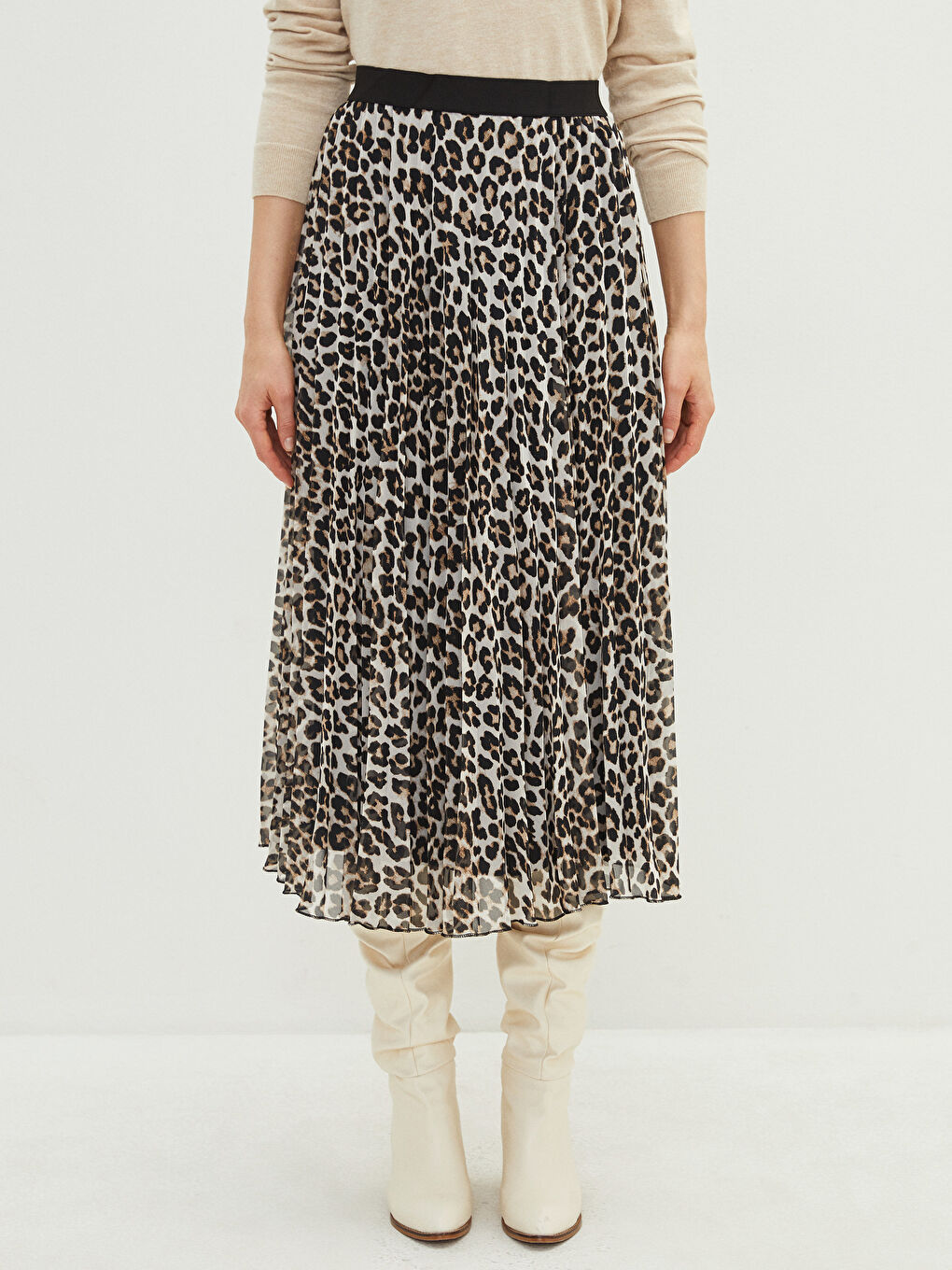 Bej Beli Lastikli Desenli Şifon Kadın Pileli Etek-3