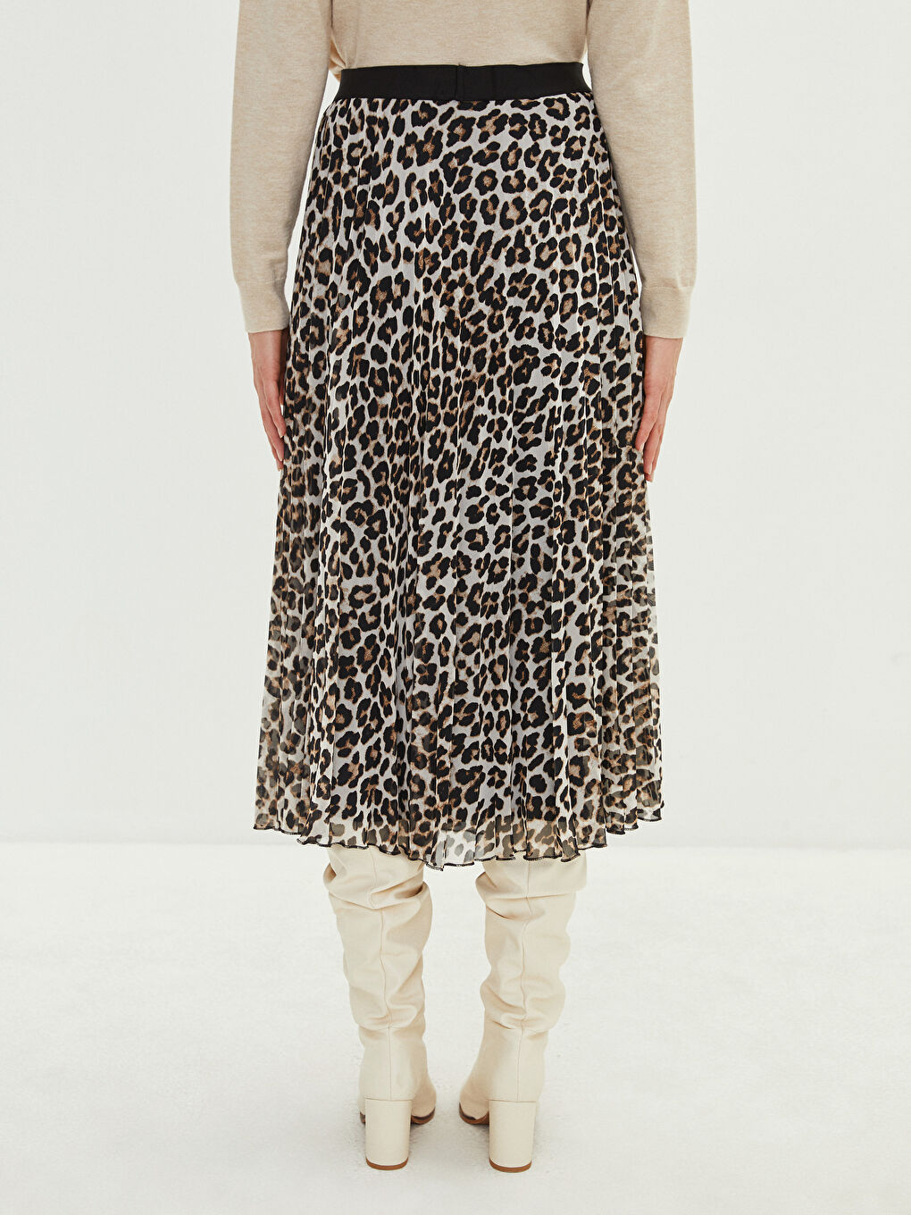 Bej Beli Lastikli Desenli Şifon Kadın Pileli Etek-4